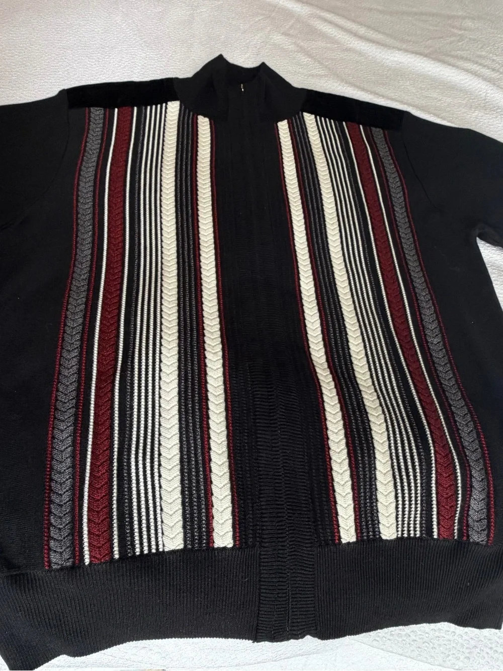 Michael Irvin 88 Men's Zip-Up Sweater- Black with Burgundy & White Stripes